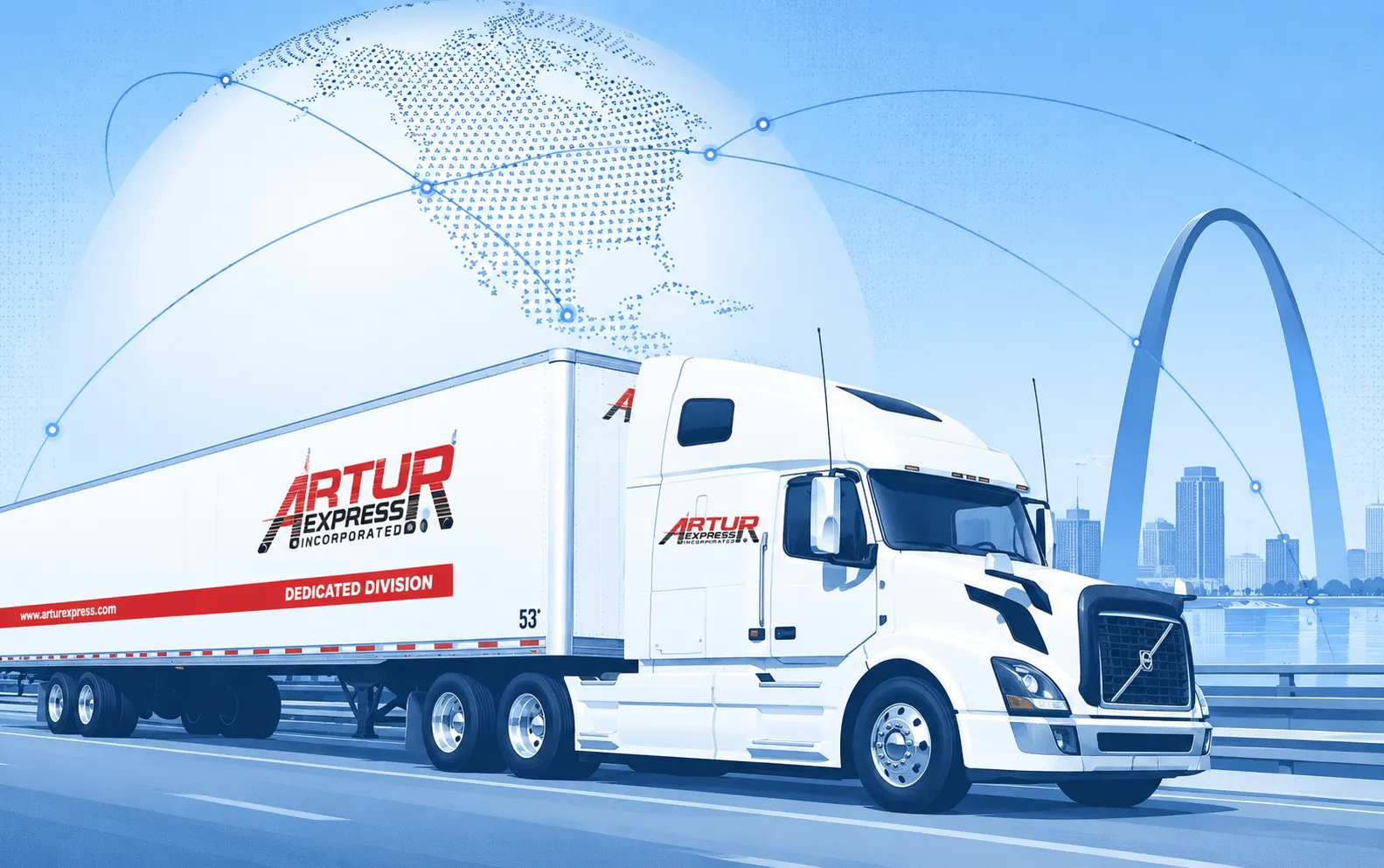 Artur Express truck beside the Gateway Arch, with a connected globe in the background.