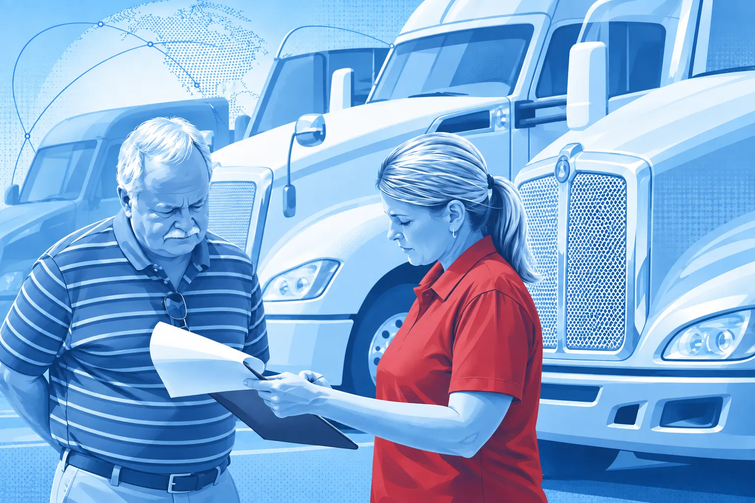 Illustration of a dealership employee and customer reviewing paperwork beside commercial trucks and a connected globe.
