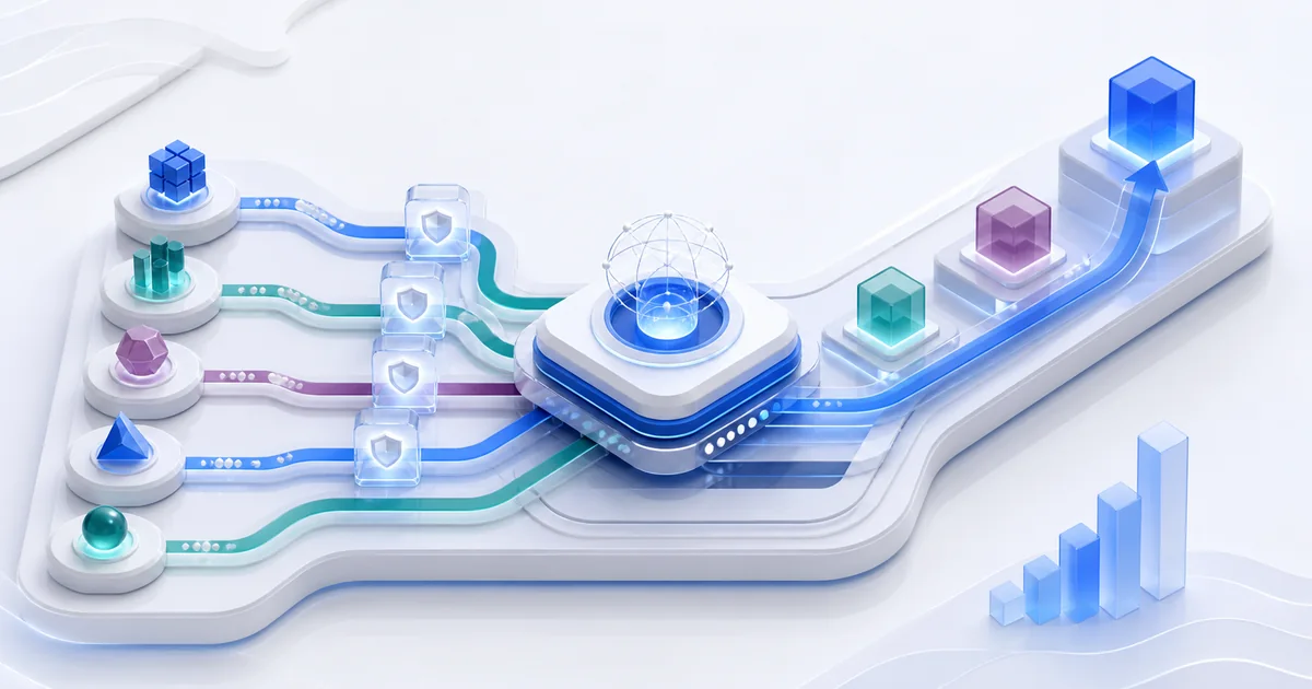 A coordinated network of AI worker nodes moving through governed production pathways toward business outcomes.