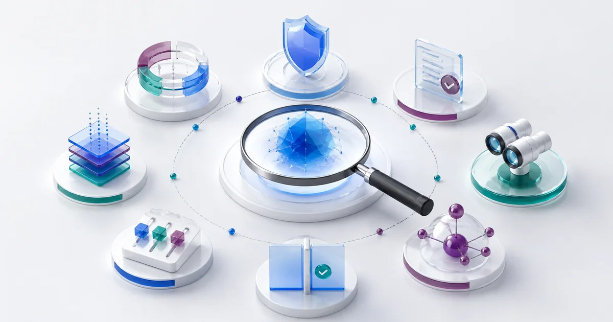 A field of enterprise AI governance capabilities arranged around a central evaluation lens.