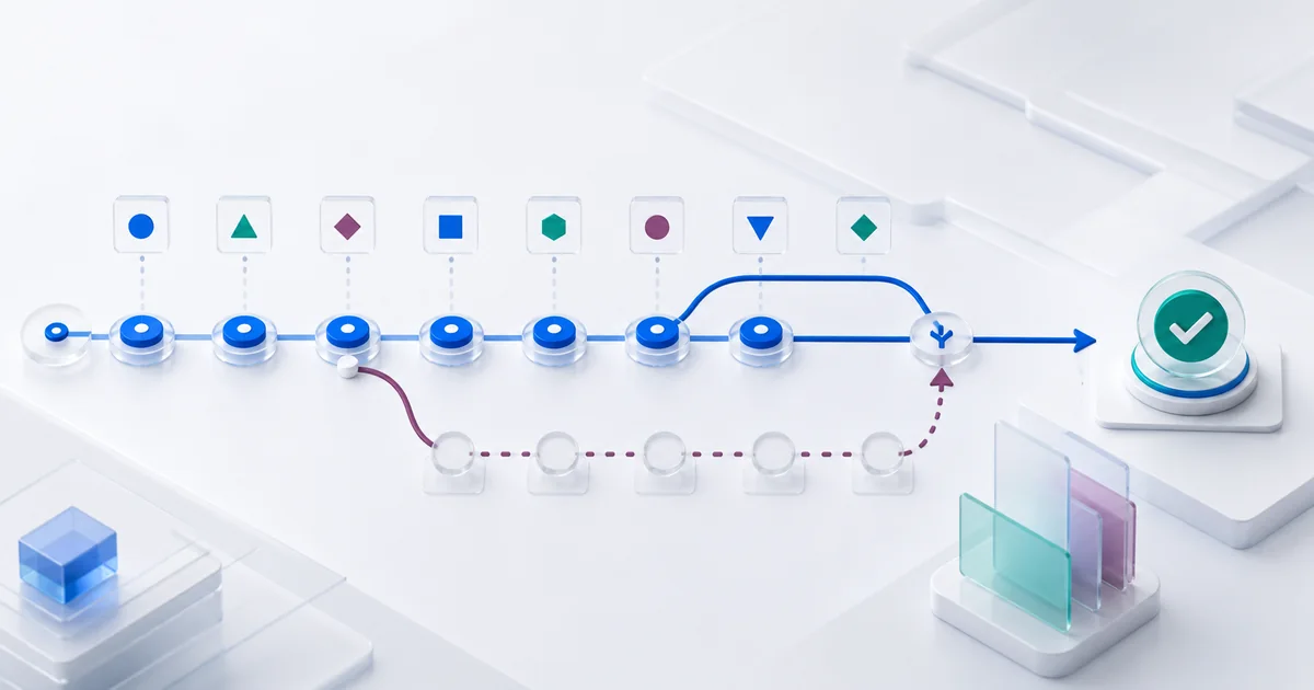 A branching prompt-version timeline with controlled merges, rollback paths, and an approved production release.