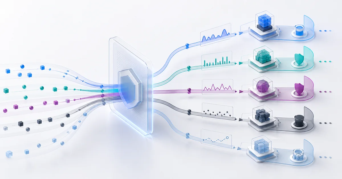 AI request streams passing through a gateway into five alternative observability and governance routes.