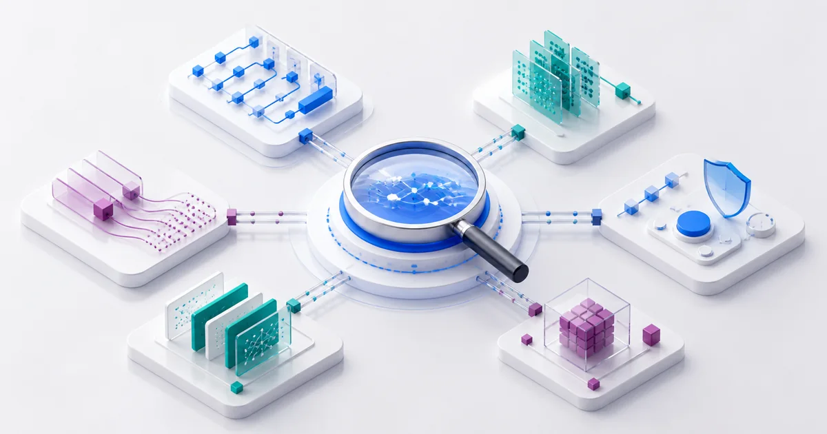Six modular LLM operations routes organized around a central observability and evaluation lens.