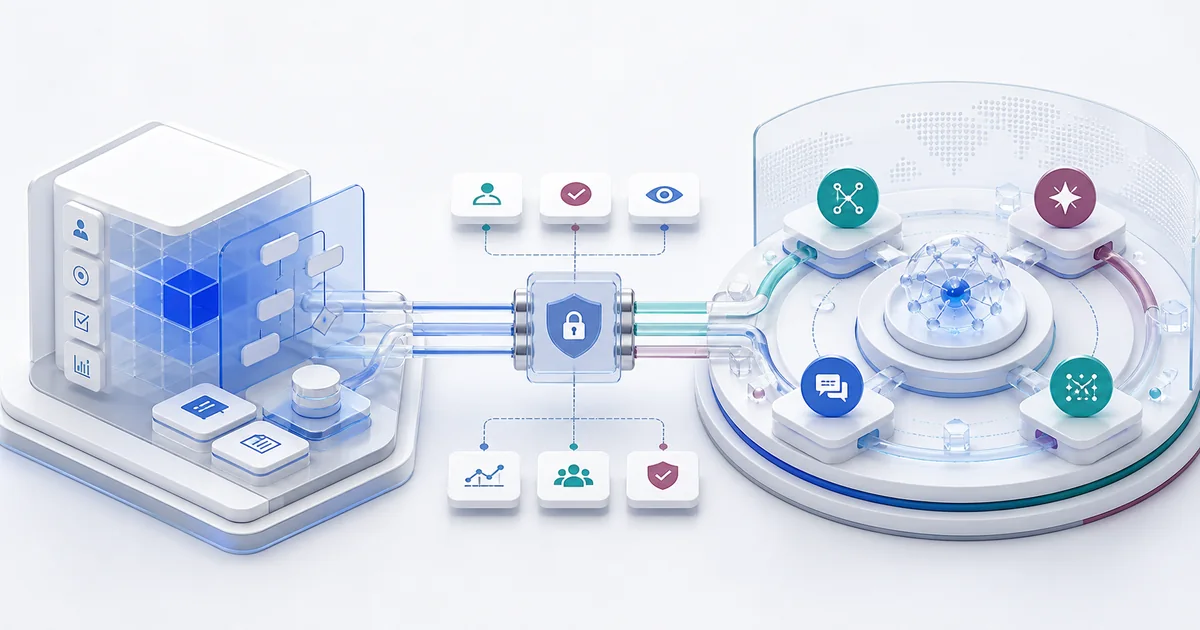 Two complementary enterprise AI systems joined by a secure bridge for identity, approvals, and observability.