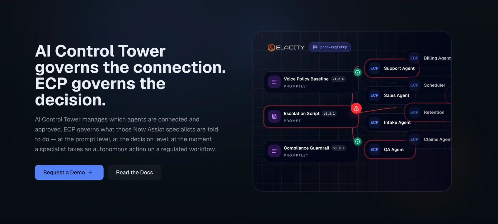 Legacy Elacity Control Tower diagram showing governed prompt policies connected to multiple production AI agents.