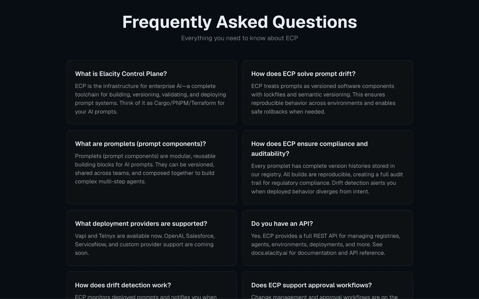 Legacy Elacity ECP frequently asked questions covering prompt governance, deployments, APIs and approval workflows.